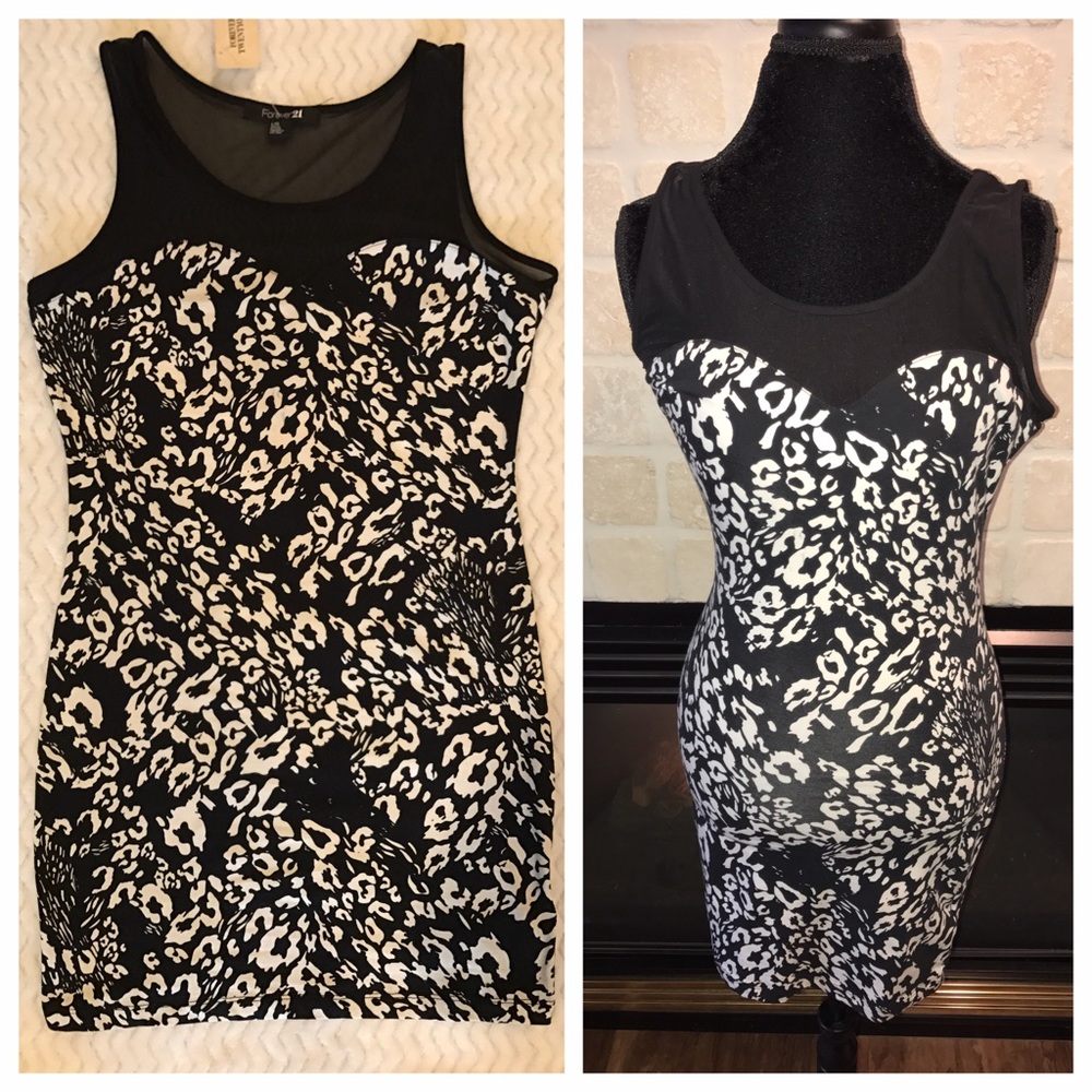 Forever 21 Black & White Stretch Leopard Dress Mesh Top Juniors size Large NWT